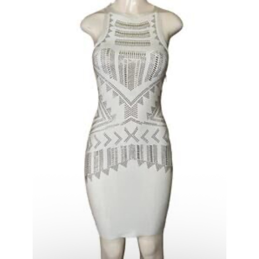 Bebe Tribal Embellished Bandage Bodycon Mini Dress Ivory Medium Silver Y2K NWT